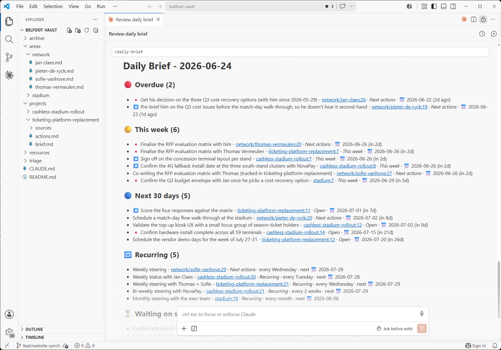An AI Workspace running in VS Code with Claude Code - a daily brief assembled live from the BelFoot example workspace, bucketed into overdue, this week, and next 30 days